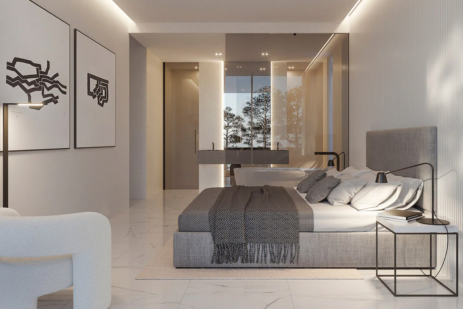 Master bedroom featuring an integrated bathroom with glass partitions, marble flooring, a freestanding bathtub, and a minimalist double vanity overlooking the trees.