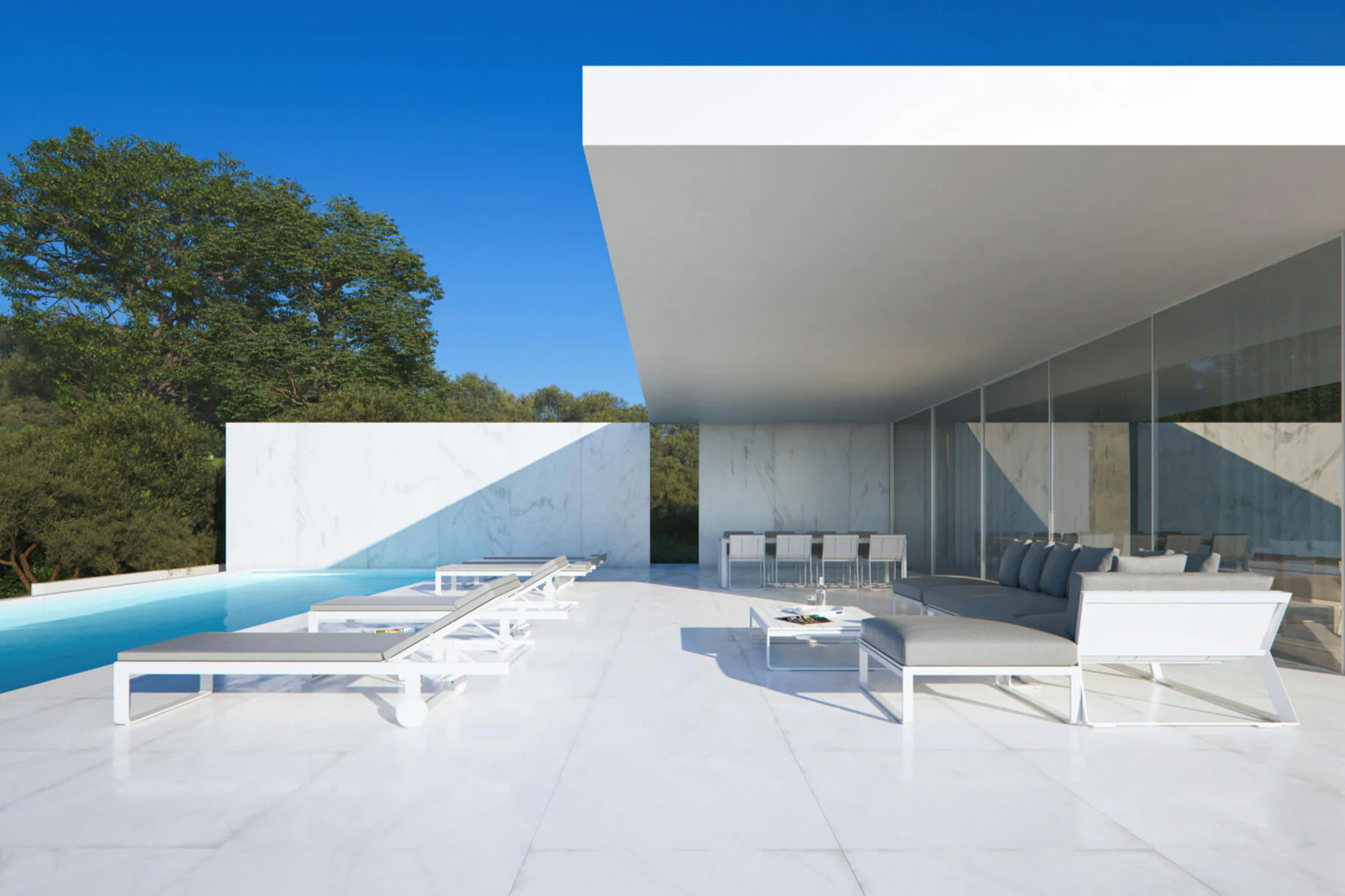 Minimalist terrace featuring white marble flooring, an infinity pool, and a cantilevered porch. Includes designer outdoor lounge and dining furniture.