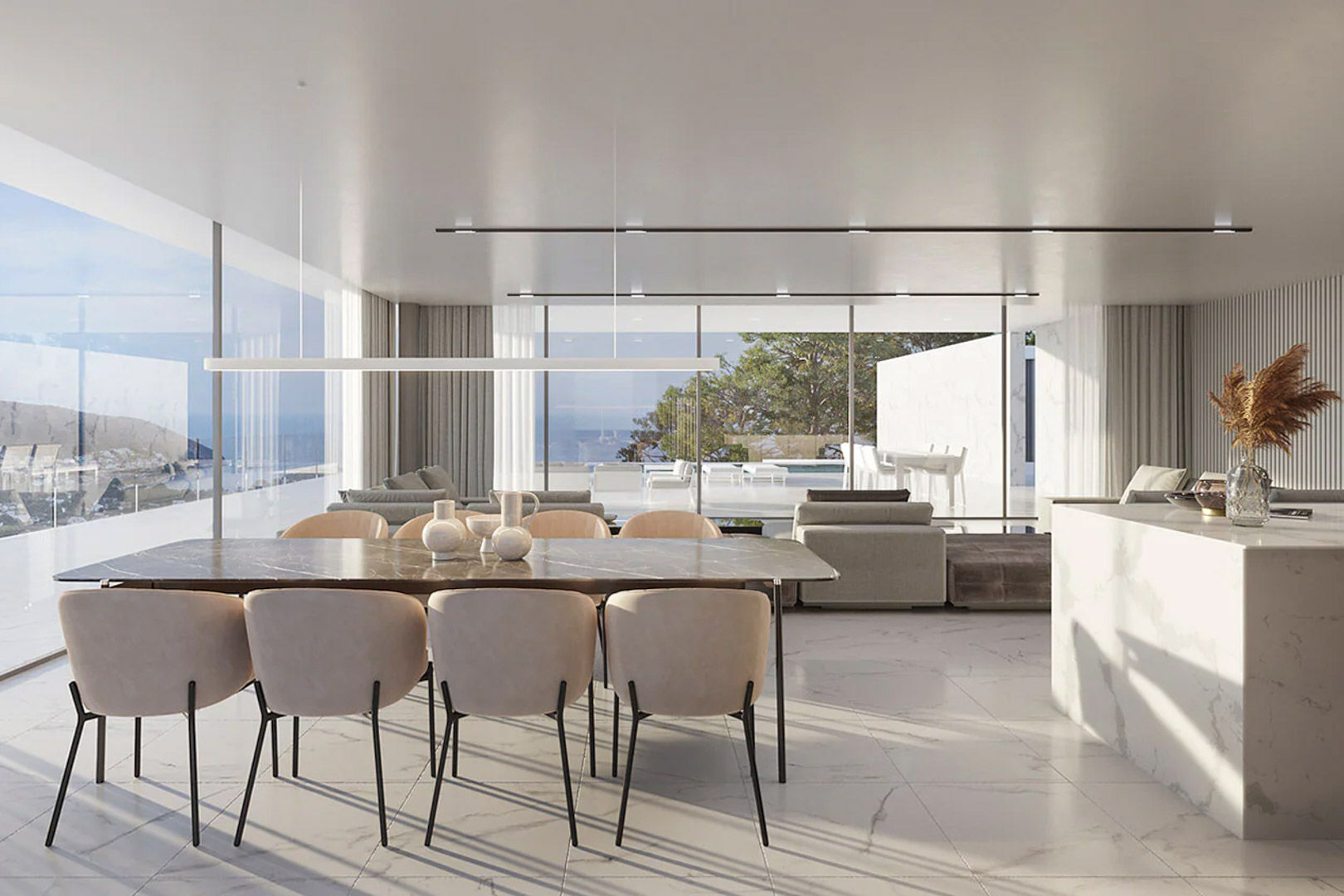 Open-plan living and dining area featuring white marble flooring, designer furniture, and floor-to-ceiling glass walls with expansive sea views.