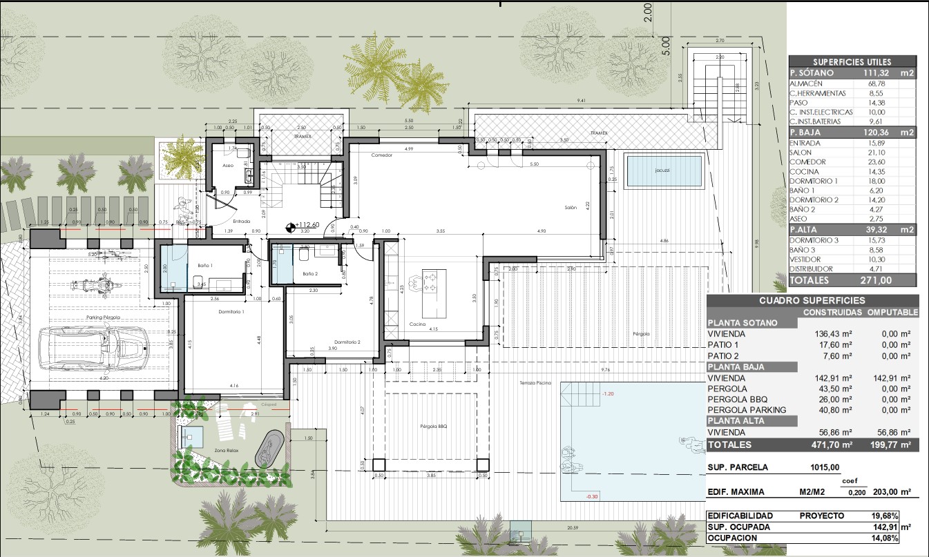 Detailed floor plan of the ground floor and exterior, illustrating the layout of bedrooms, open kitchen, living area, and the pool zone with pergolas.