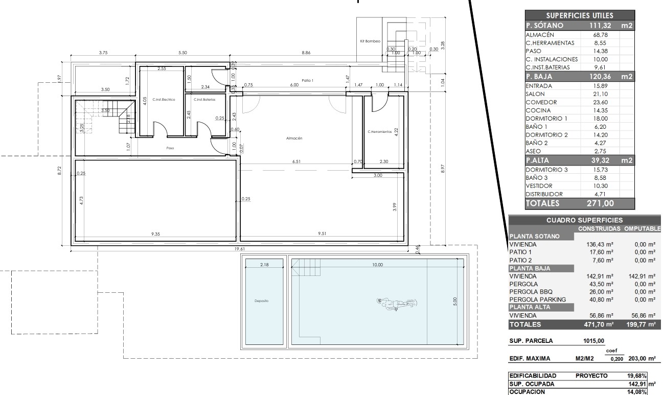 Detailed technical floor plan of the basement level and pool area, featuring tables of the useful and constructed surfaces of the villa.