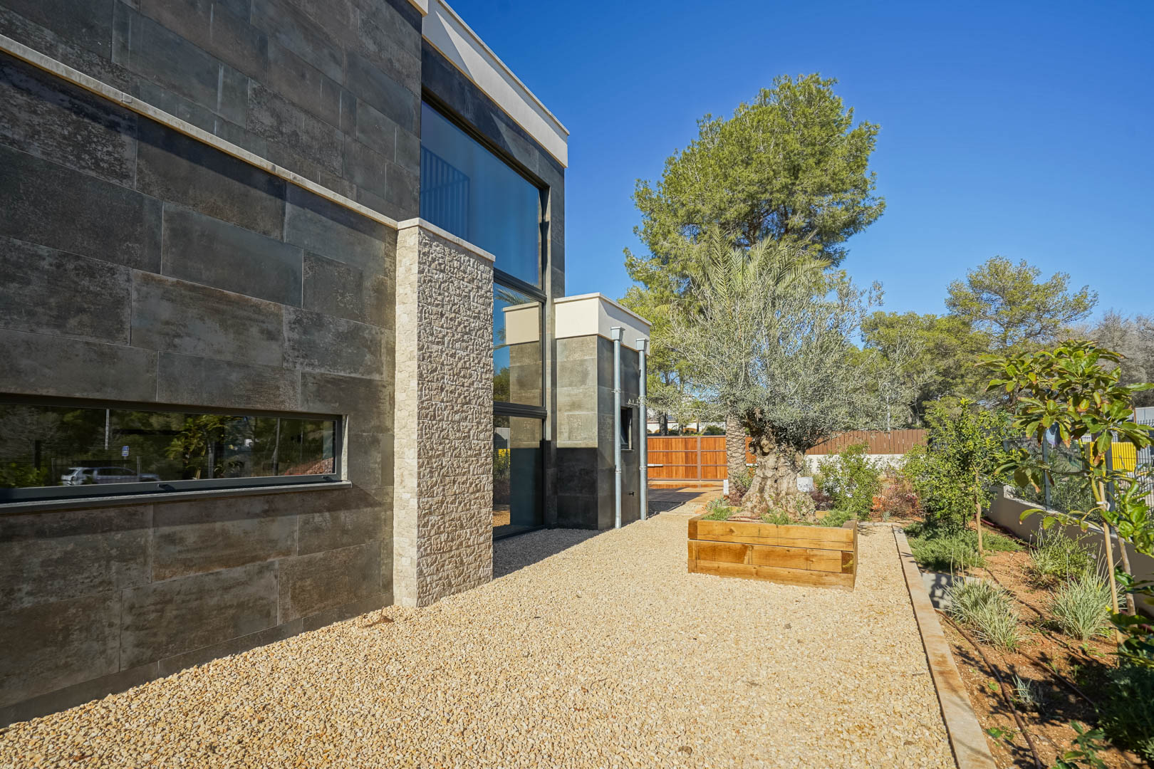 Modern facade featuring dark stone cladding, textured natural stone accents, large glass panels, and a Mediterranean garden with an olive tree in a wooden planter.