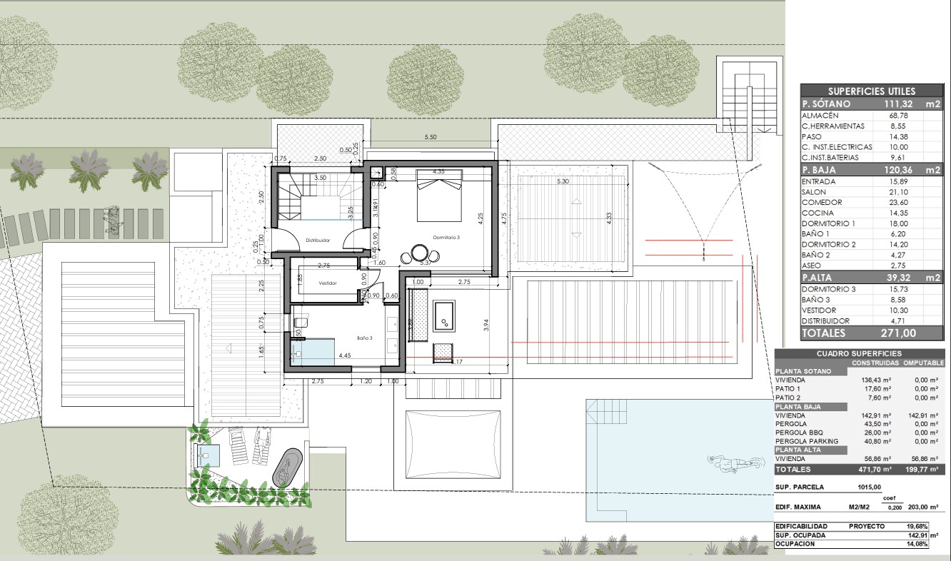 Technical floor plan of the upper level showing the master suite with walk-in closet, private bathroom, and terrace, plus surface area tables.