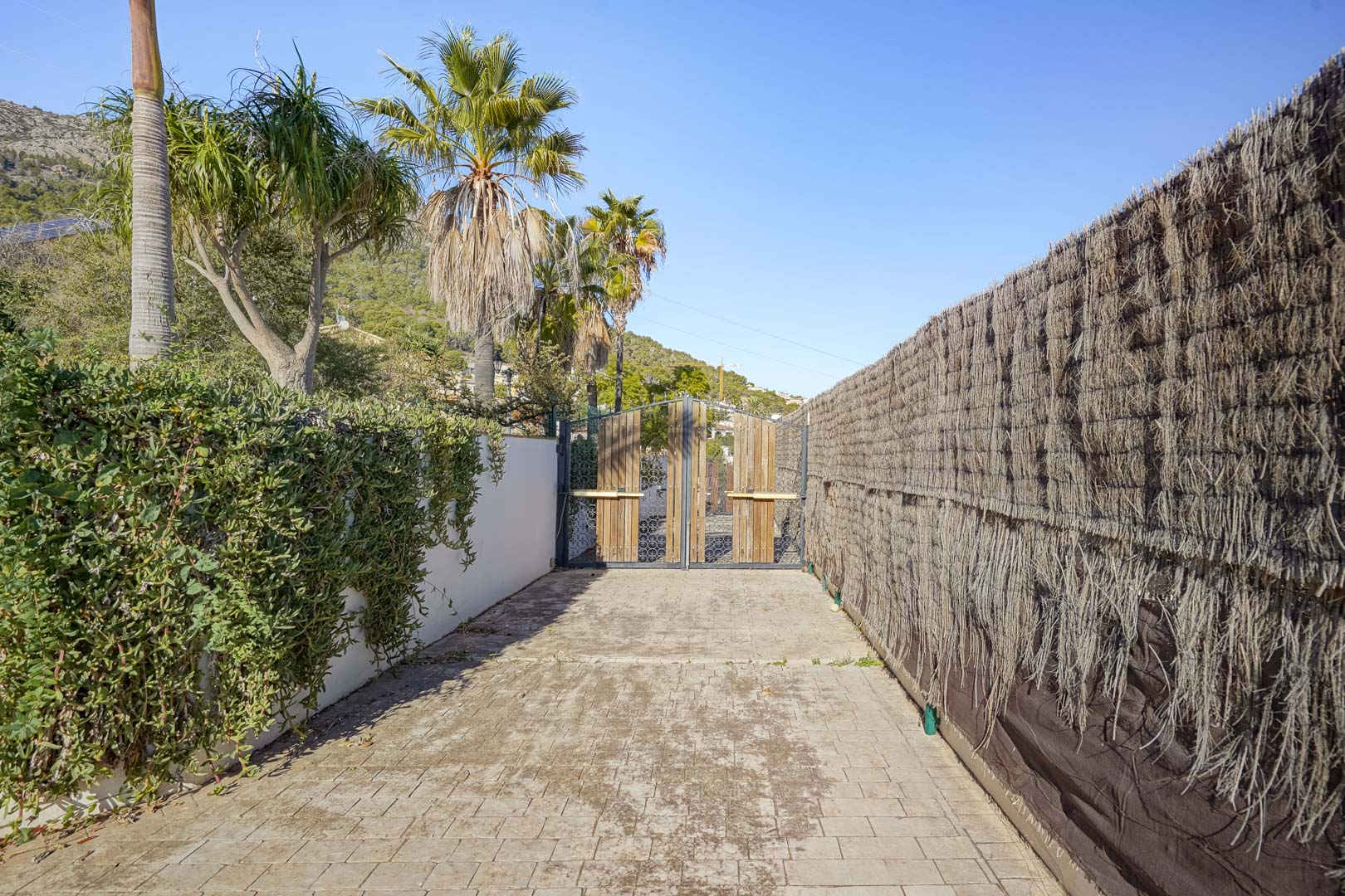 Property entrance featuring a paved driveway and wood-paneled gate, bordered by lush Mediterranean greenery, palm trees, and a privacy brushwood fence.