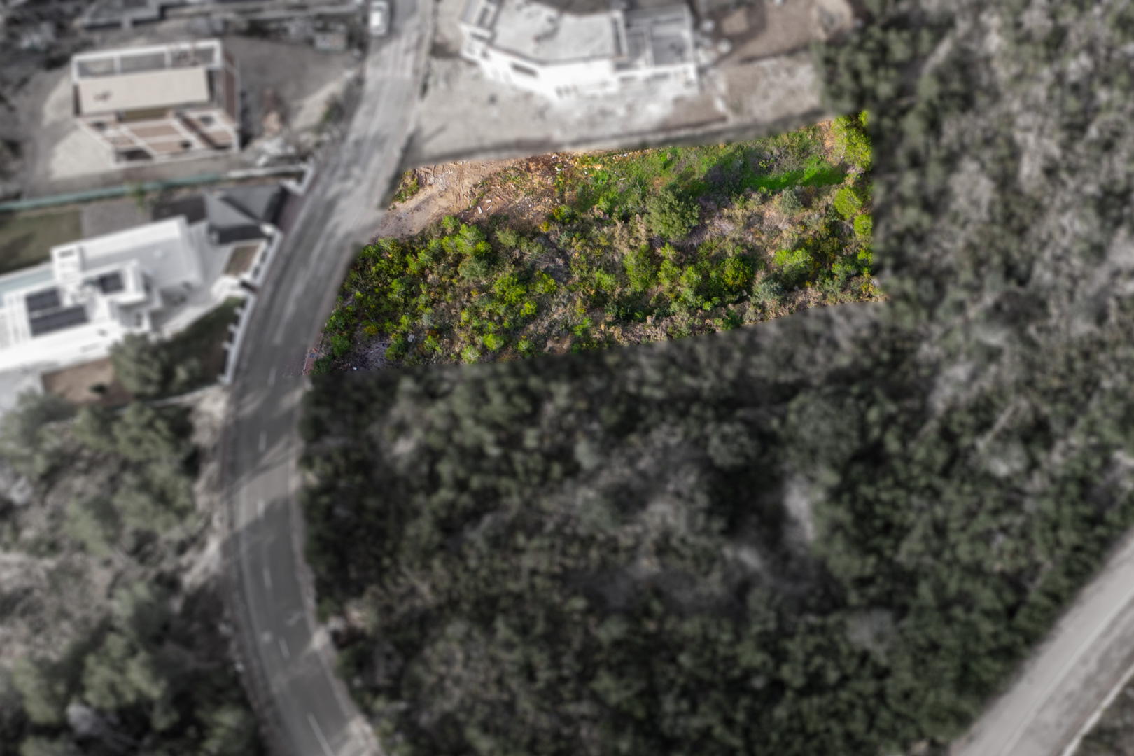 Aerial top-down view of the highlighted rectangular plot, featuring natural Mediterranean vegetation and direct access via a paved residential road.