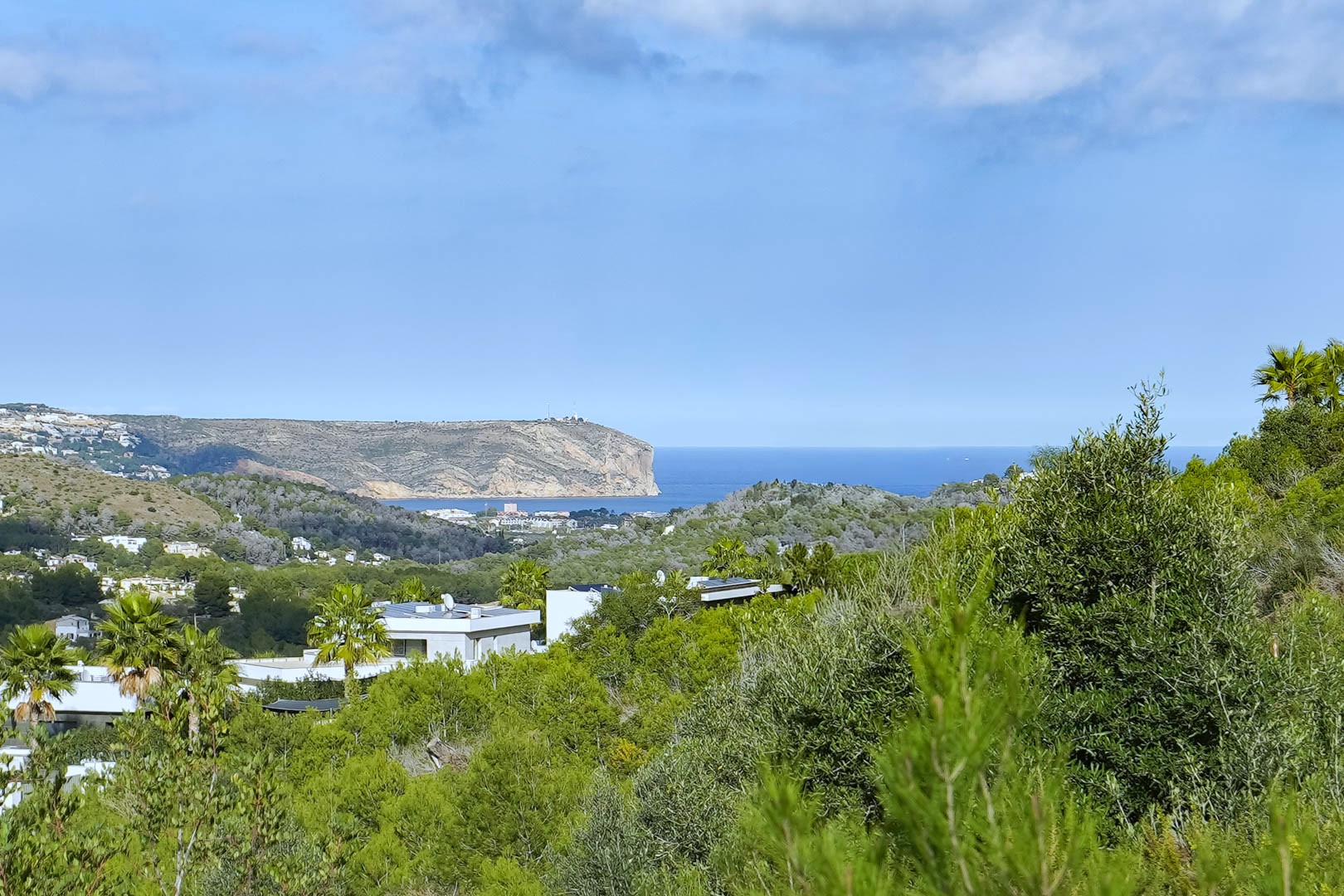 Panoramic view from the plot towards the Mediterranean Sea and Cabo de San Antonio, framed by native pine trees and contemporary villas.