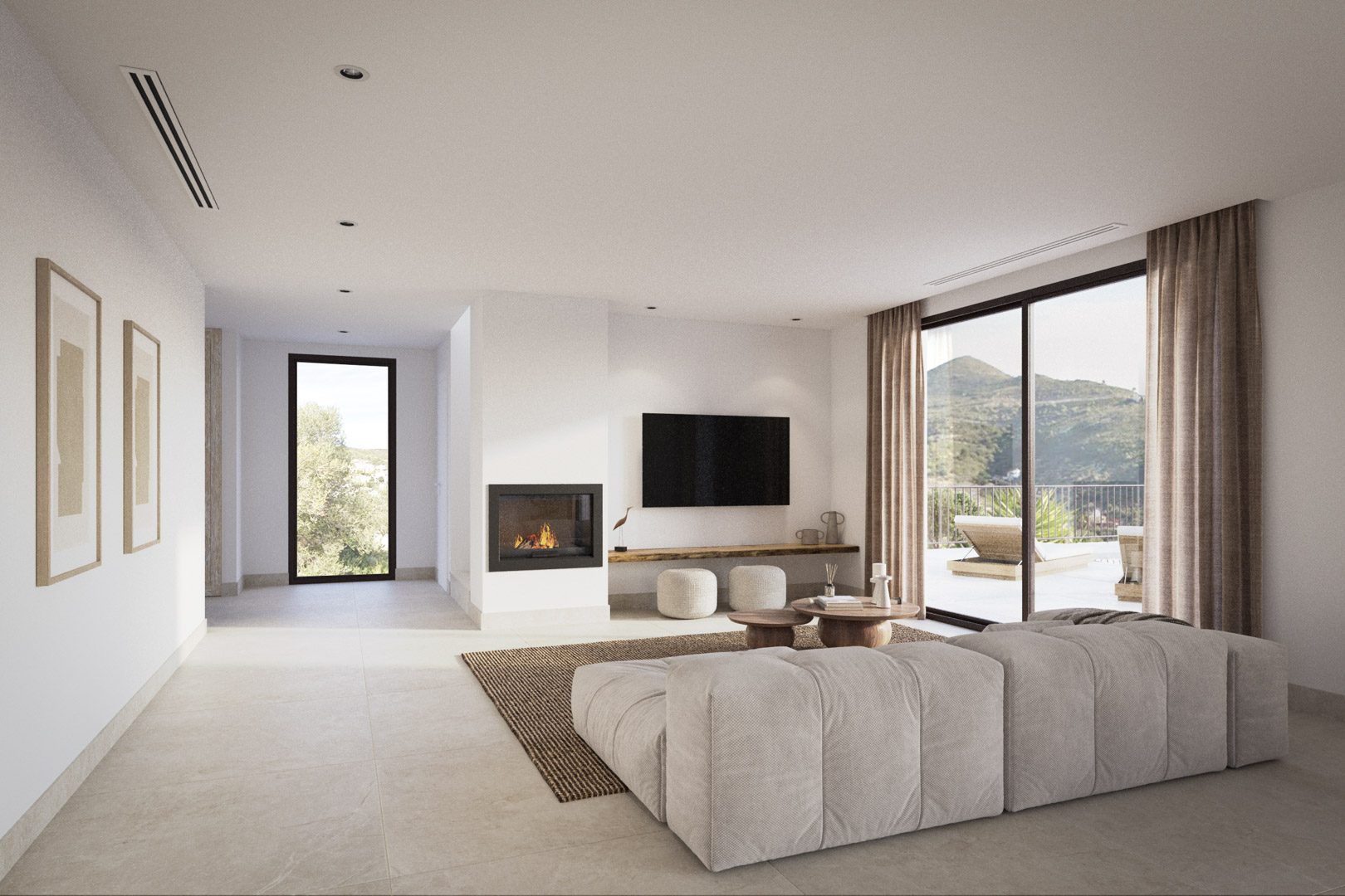 Contemporary living area featuring a built-in fireplace, large-format tiling, and expansive glass doors with views of the Jalón Valley mountains.
