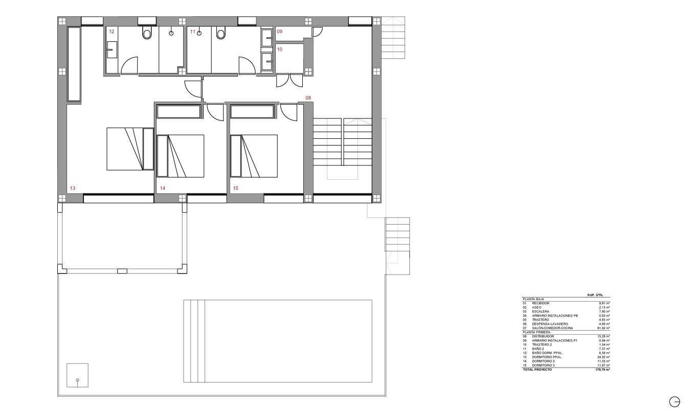 Detailed first-floor architectural plan featuring three bedrooms, two bathrooms, and the outdoor leisure area with a terrace and 8x4m swimming pool.