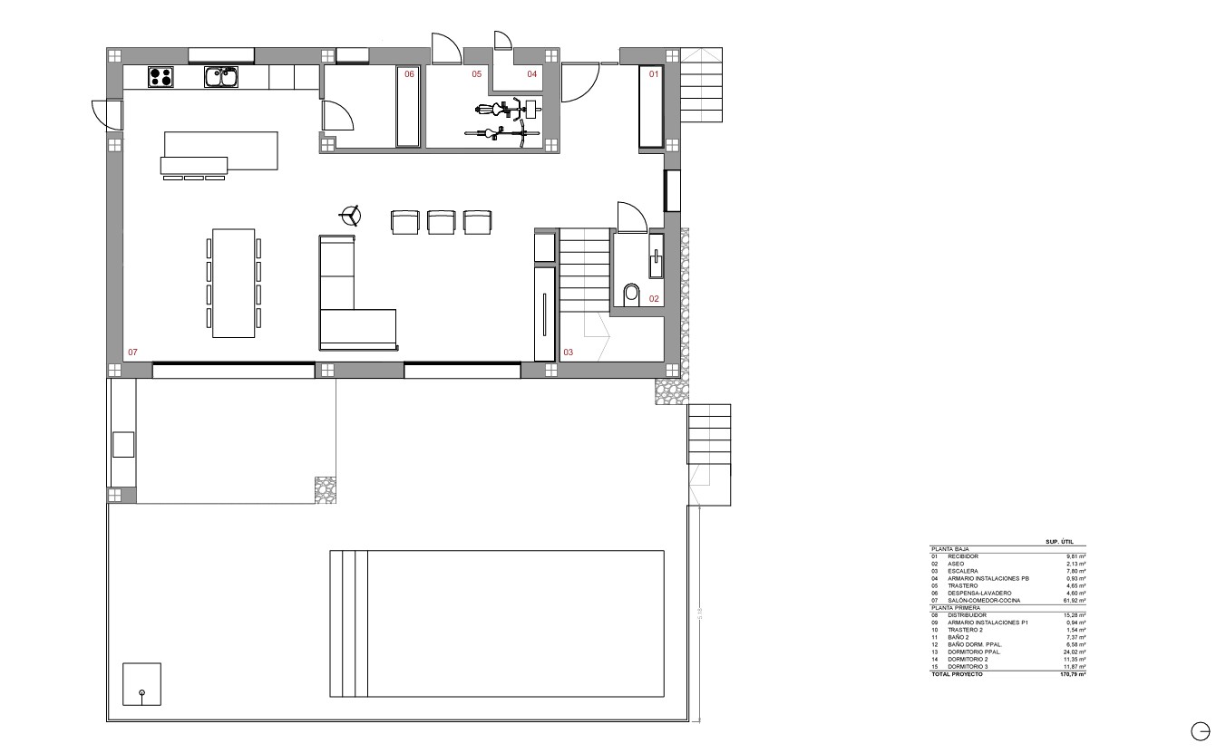 Detailed ground floor plan featuring an open-plan living area with kitchen island, pantry, guest toilet, and a large outdoor terrace with a swimming pool.