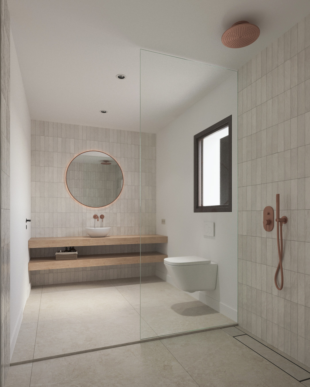 Ibicencan-style bathroom featuring a wooden shelf vanity, copper-toned fixtures, a circular backlit mirror, and a walk-in shower with vertical tiling and glass partition.