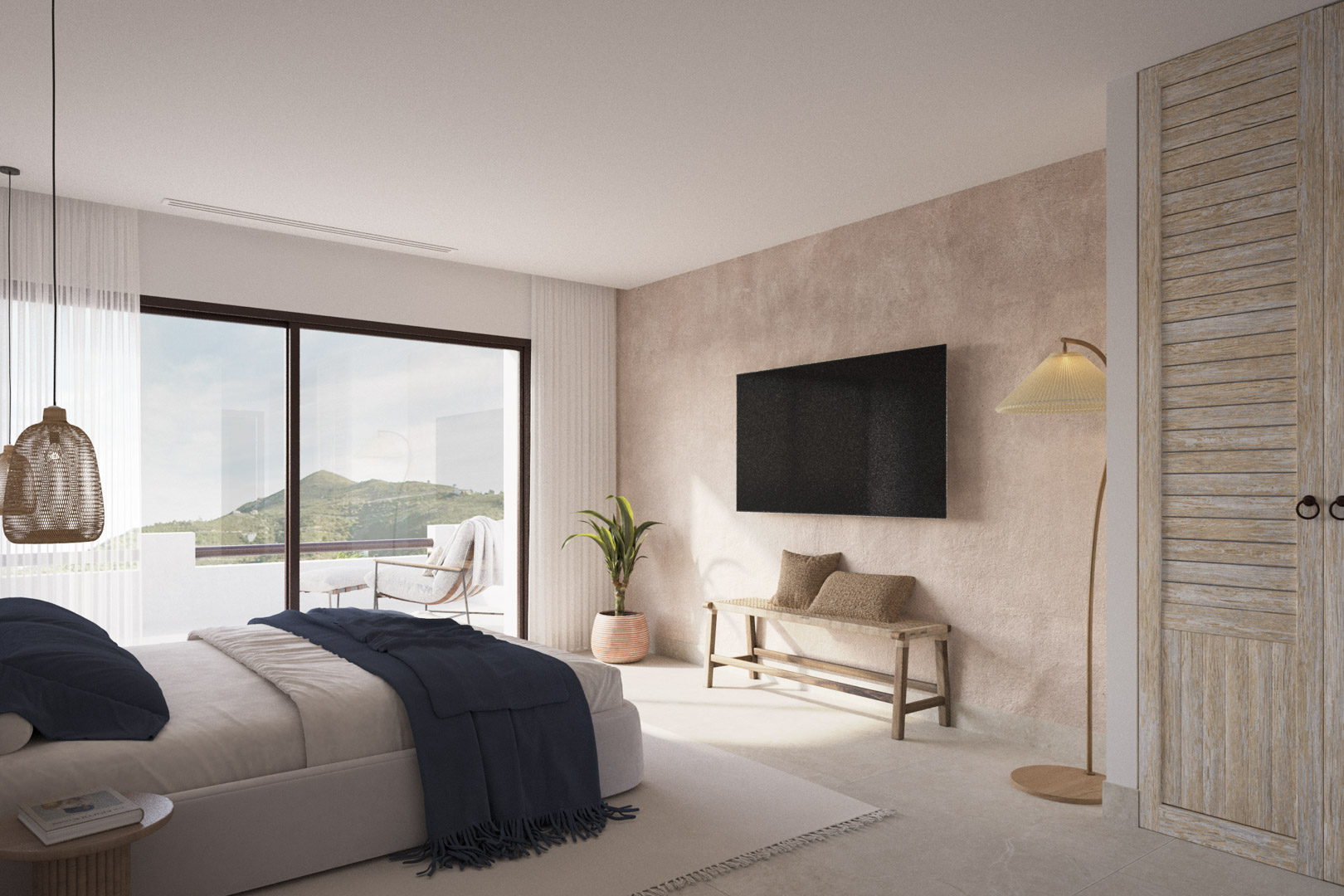 Master bedroom featuring a textured earthy wall, rustic wooden cabinetry, and large sliding doors opening to a terrace with panoramic mountain views.