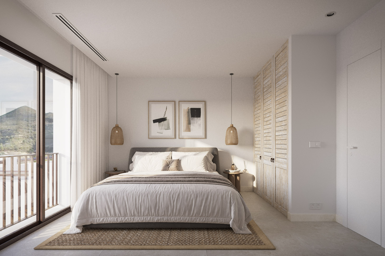Master bedroom featuring built-in slatted wood wardrobes, wicker pendant lighting, and large sliding doors opening to a terrace with mountain views.