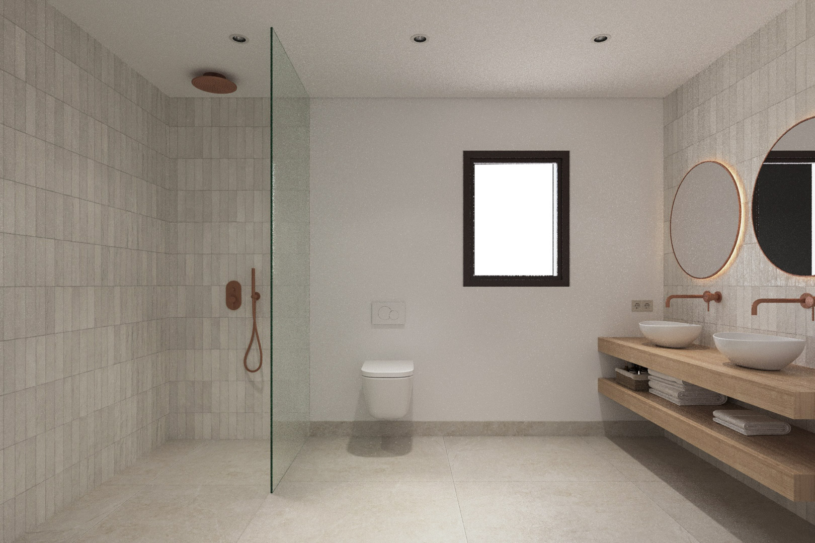 Modern Ibizan-style bathroom featuring a walk-in shower with copper fixtures, double vessel sinks on wooden shelving, and backlit circular mirrors.