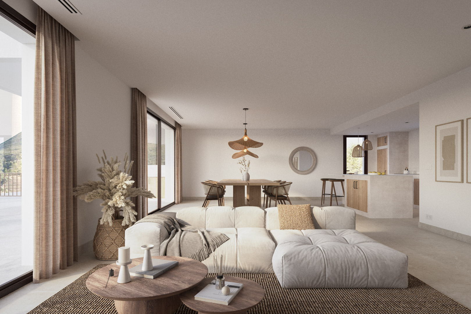 Open-concept living and dining area featuring floor-to-ceiling glass doors, a large sectional sofa, and a modern kitchen island with natural wood accents.
