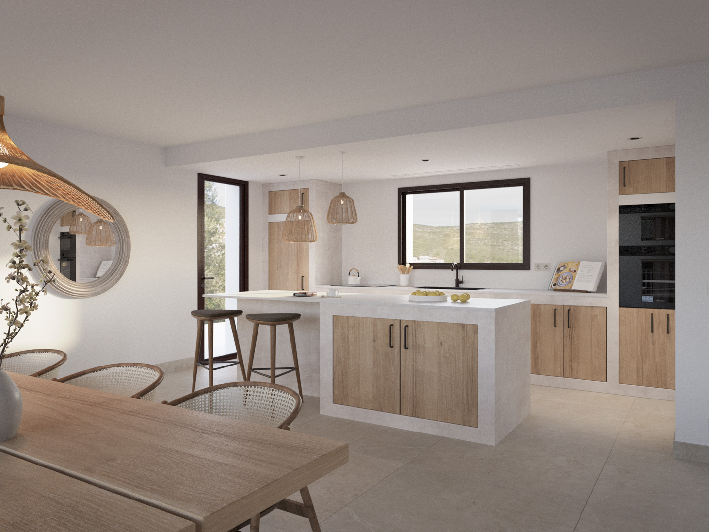 Open-plan kitchen with a central island, wooden cabinetry, and integrated appliances. Features natural fiber lighting and large windows with views of the Jalón Valley.