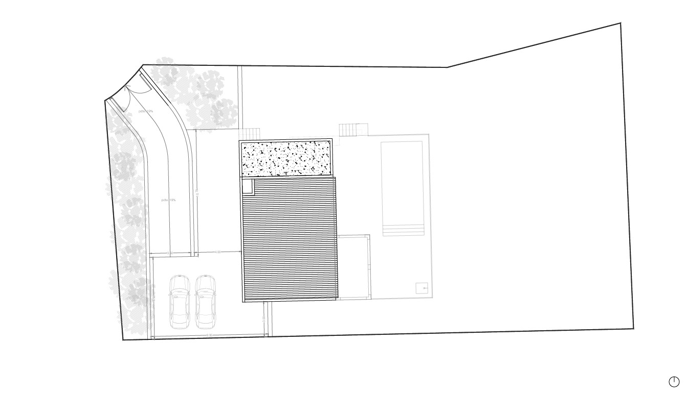 Site plan showing the villa's layout on the plot, featuring the driveway, dual parking spaces, the building's footprint, and the private swimming pool area.