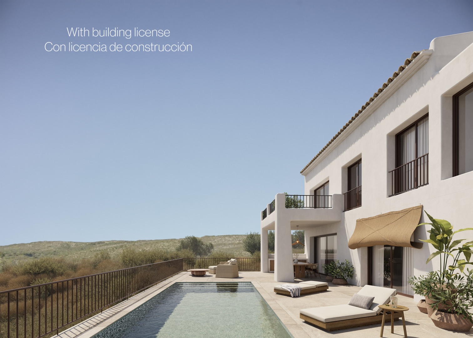 White Ibizan-style facade featuring an 8x4m swimming pool, natural stone terracing, and a covered porch overlooking the Jalón Valley landscape.