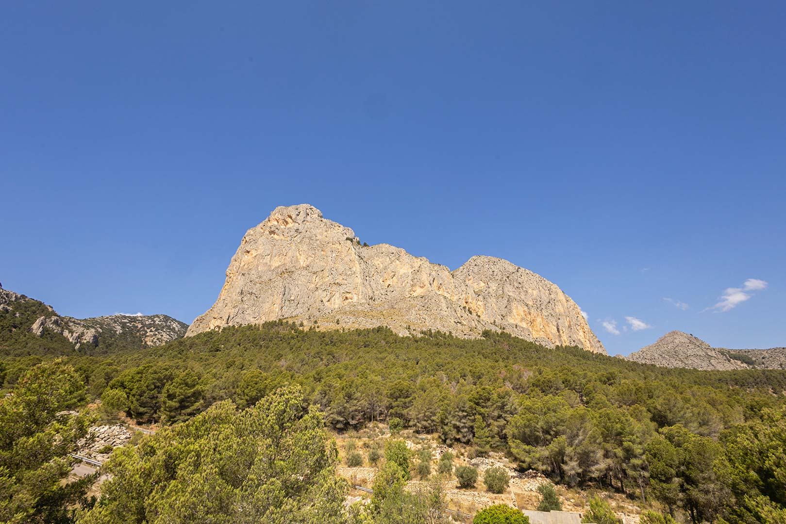 Clear views of the limestone mountain peak and the dense pine forest surrounding the property under a bright blue sky.