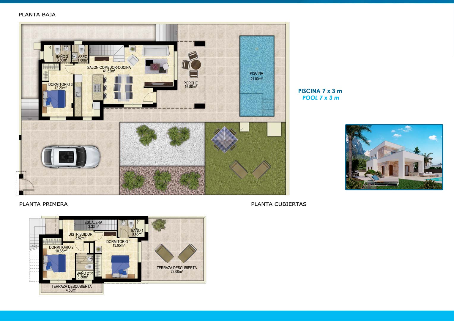 Detailed floor plans showing the ground floor layout with a 41m² open-plan living area and the first floor with en-suite bedrooms and large outdoor terraces.