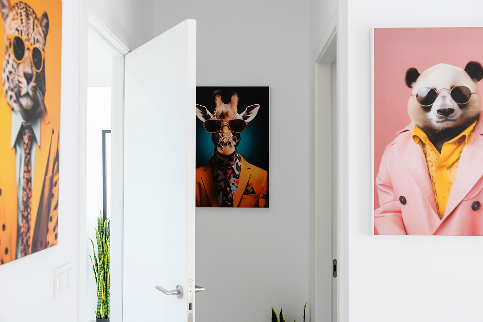 Minimalist interior hallway featuring smooth white doors and a vibrant collection of pop-art animal portraits against bright walls.