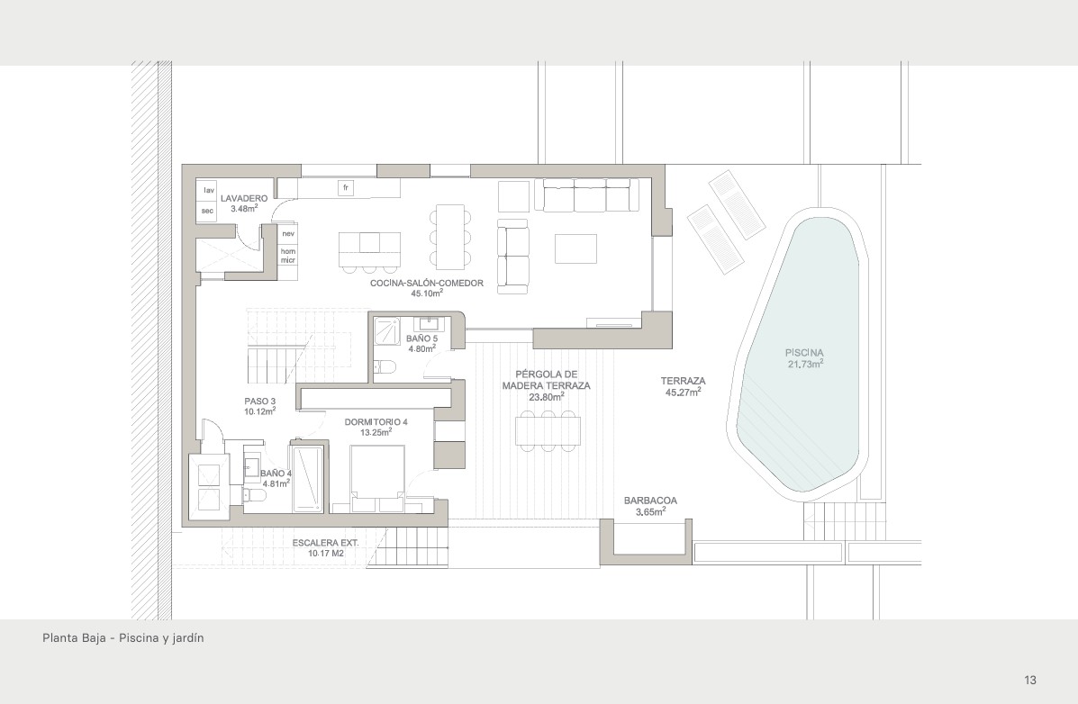 Architectural floor plan of the ground floor featuring a pool, terrace, and interior space layout.