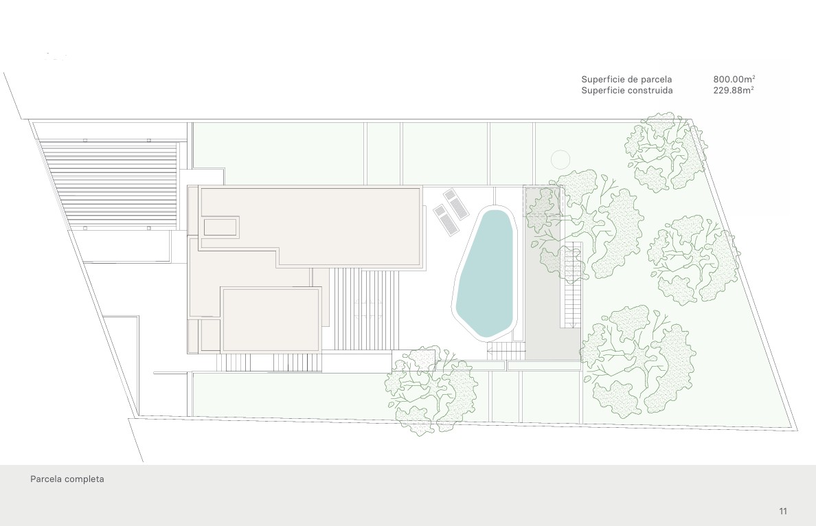Architectural plan of the villa featuring a pool, garden, and private parking.