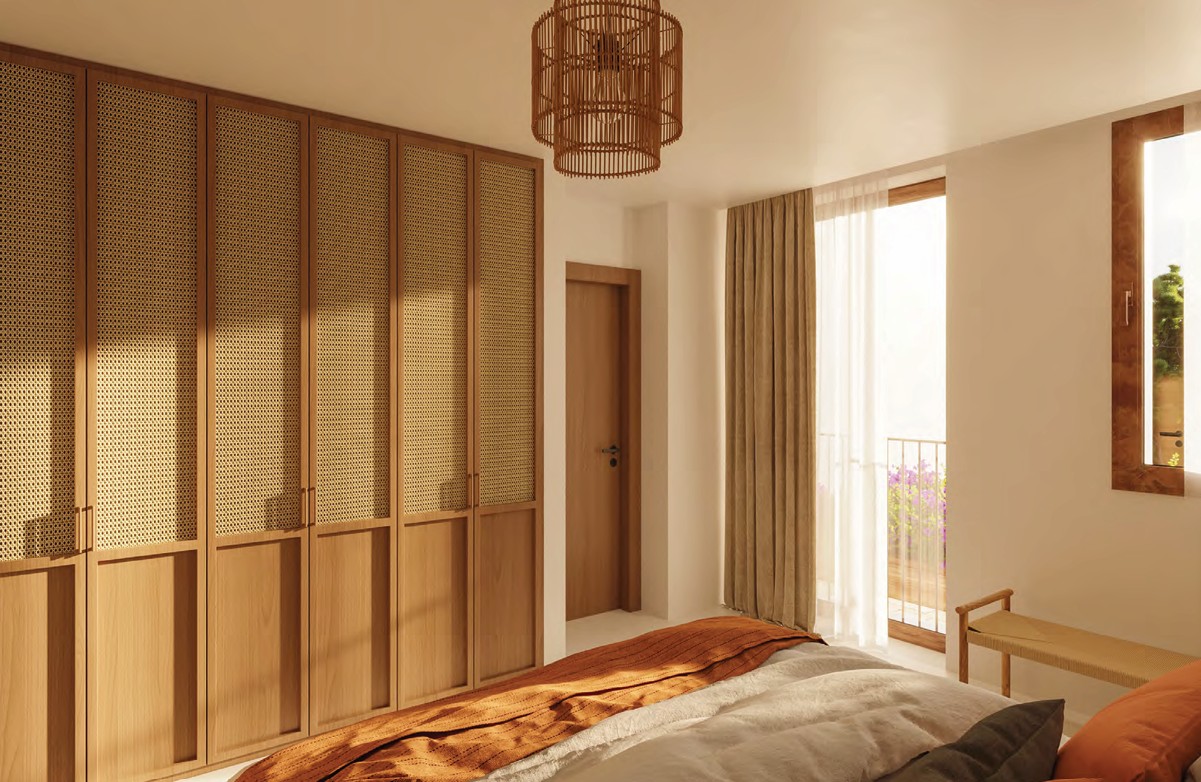 Bedroom featuring a wooden wardrobe and a wicker pendant lamp.