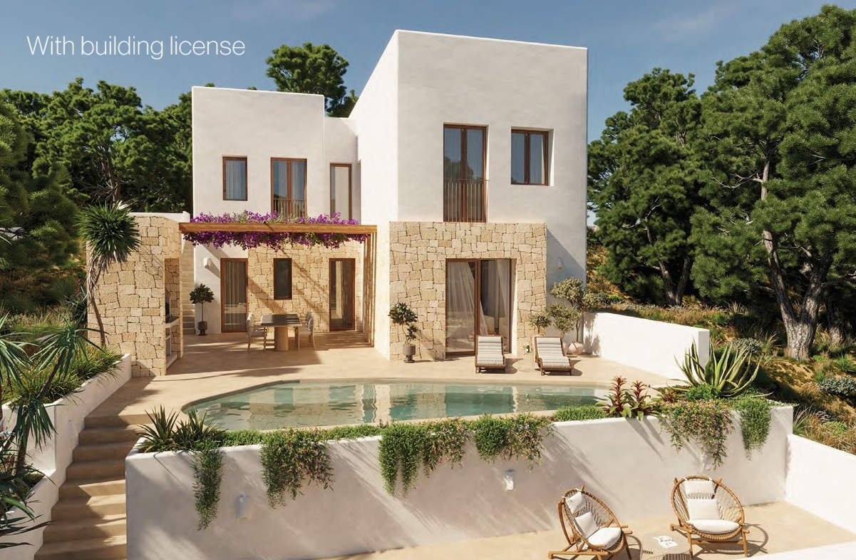 Exterior view of the villa featuring a pool, terrace with loungers, and seating area with wicker chairs.