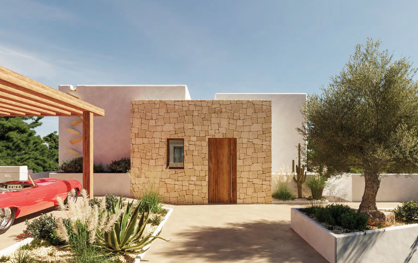 Stone facade with wood door and Mediterranean garden featuring cacti and olive tree.