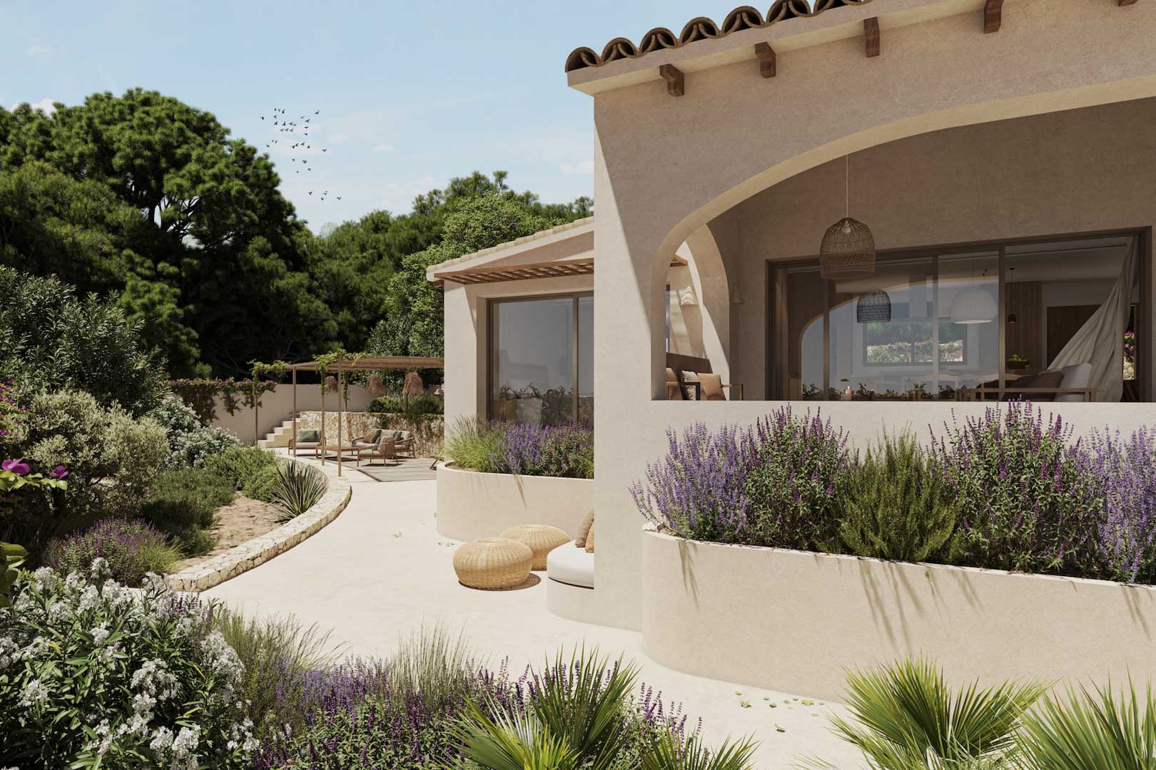 Exterior view of the arched porch featuring wooden beams, integrated lavender planters, and a curved stone path leading to the shaded pergola area.