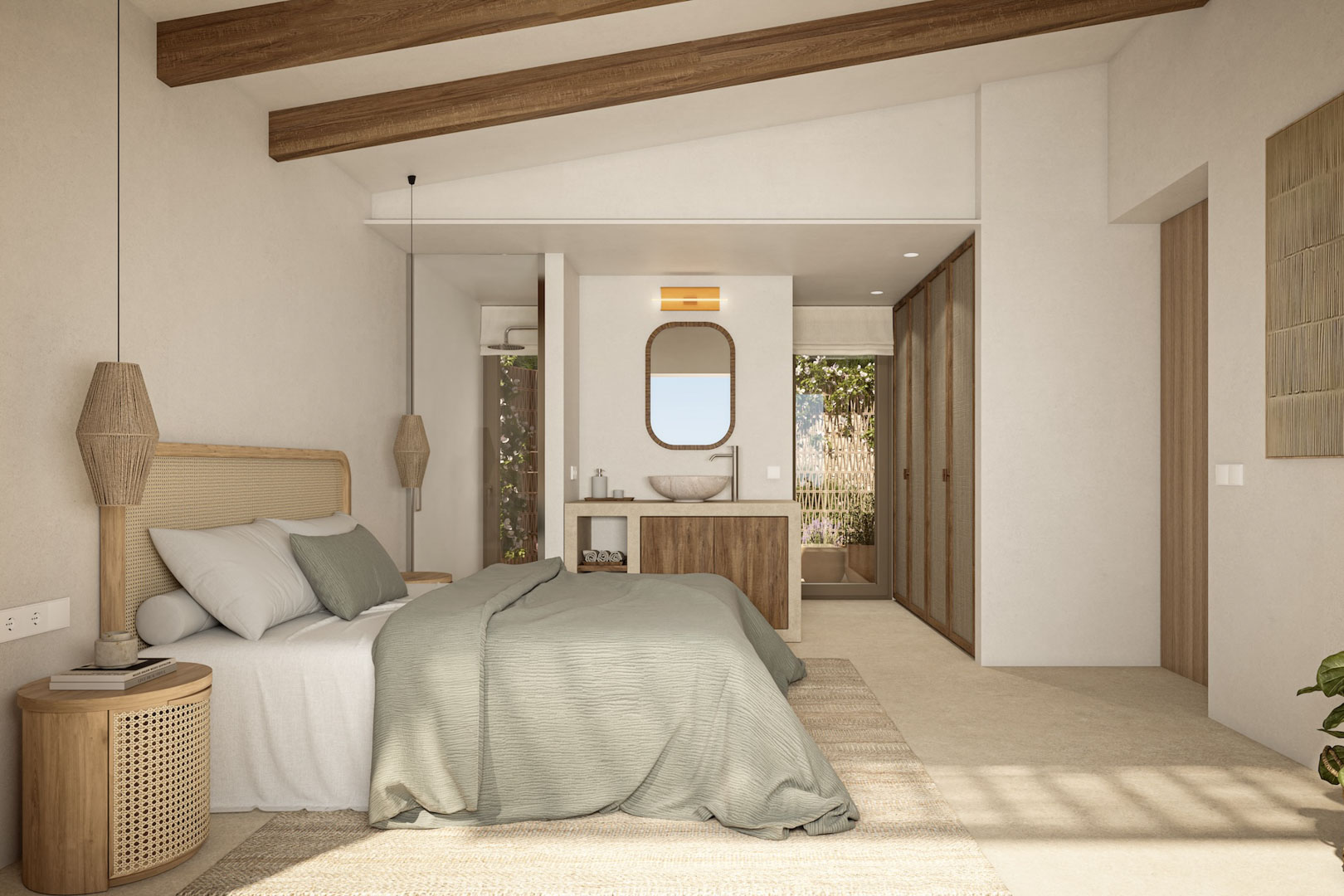 Master bedroom featuring exposed wooden beams, an integrated vanity with a stone basin, and natural rattan accents under a sloped ceiling.