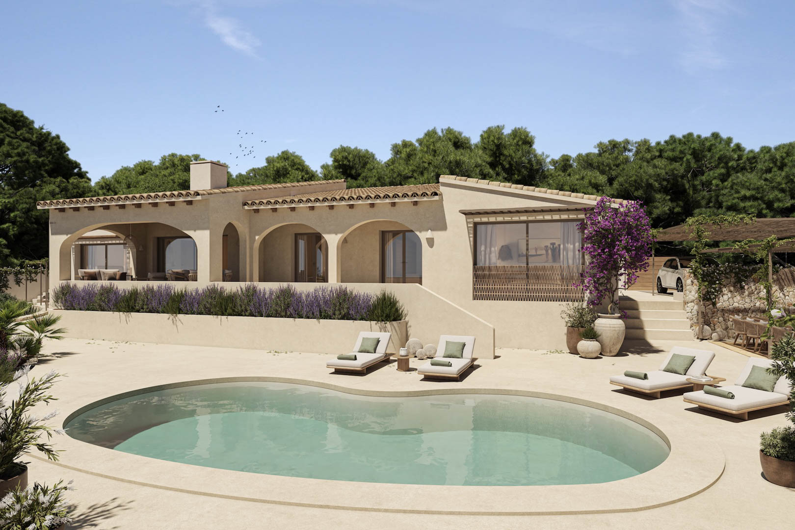 Mediterranean villa featuring arched porches, an organic-shaped pool, and a sun terrace with loungers, framed by lavender and bougainvillea.