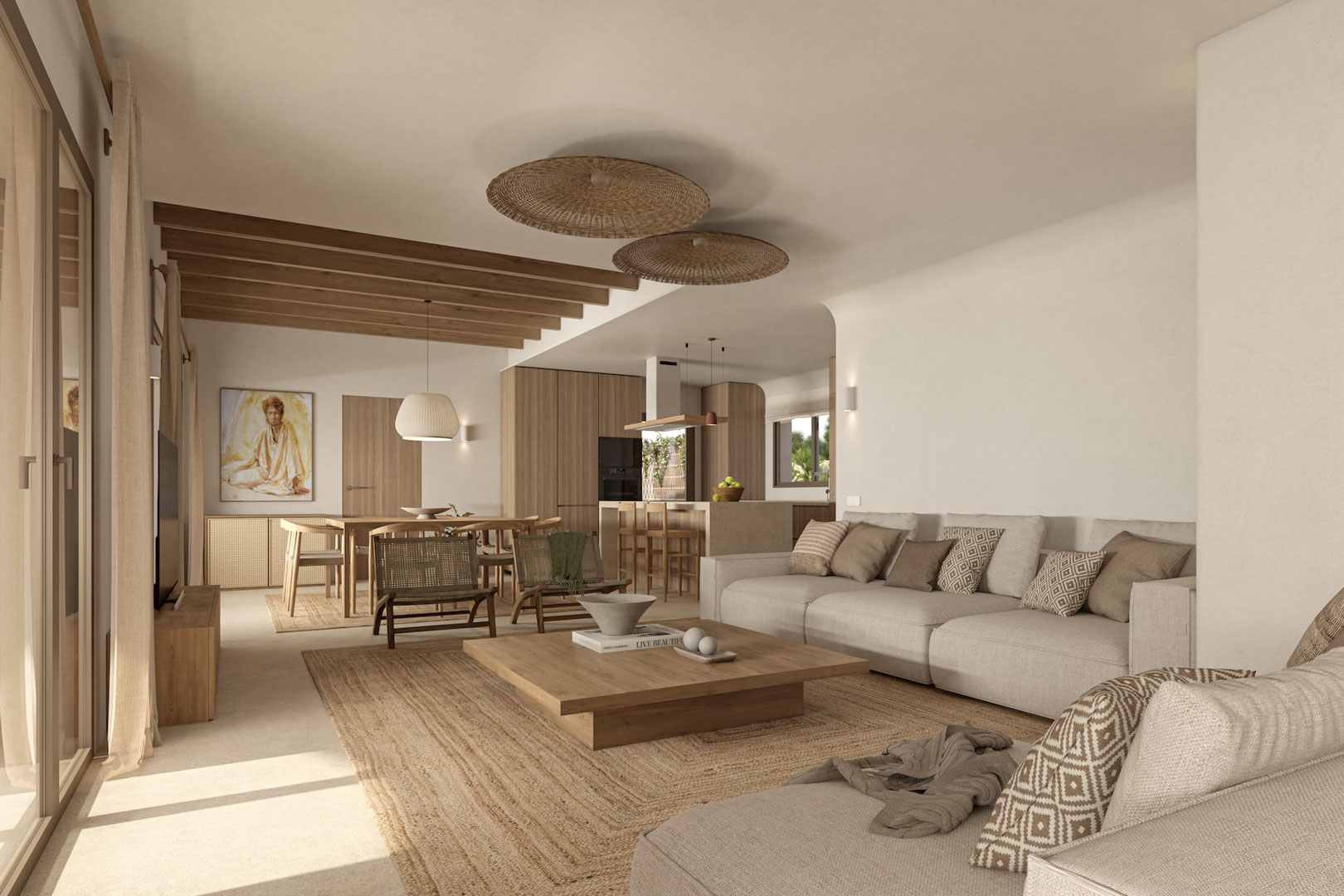 Open-concept living area featuring exposed wooden ceiling beams, natural fiber rugs, neutral-toned furniture, and an integrated kitchen with a central wooden island.