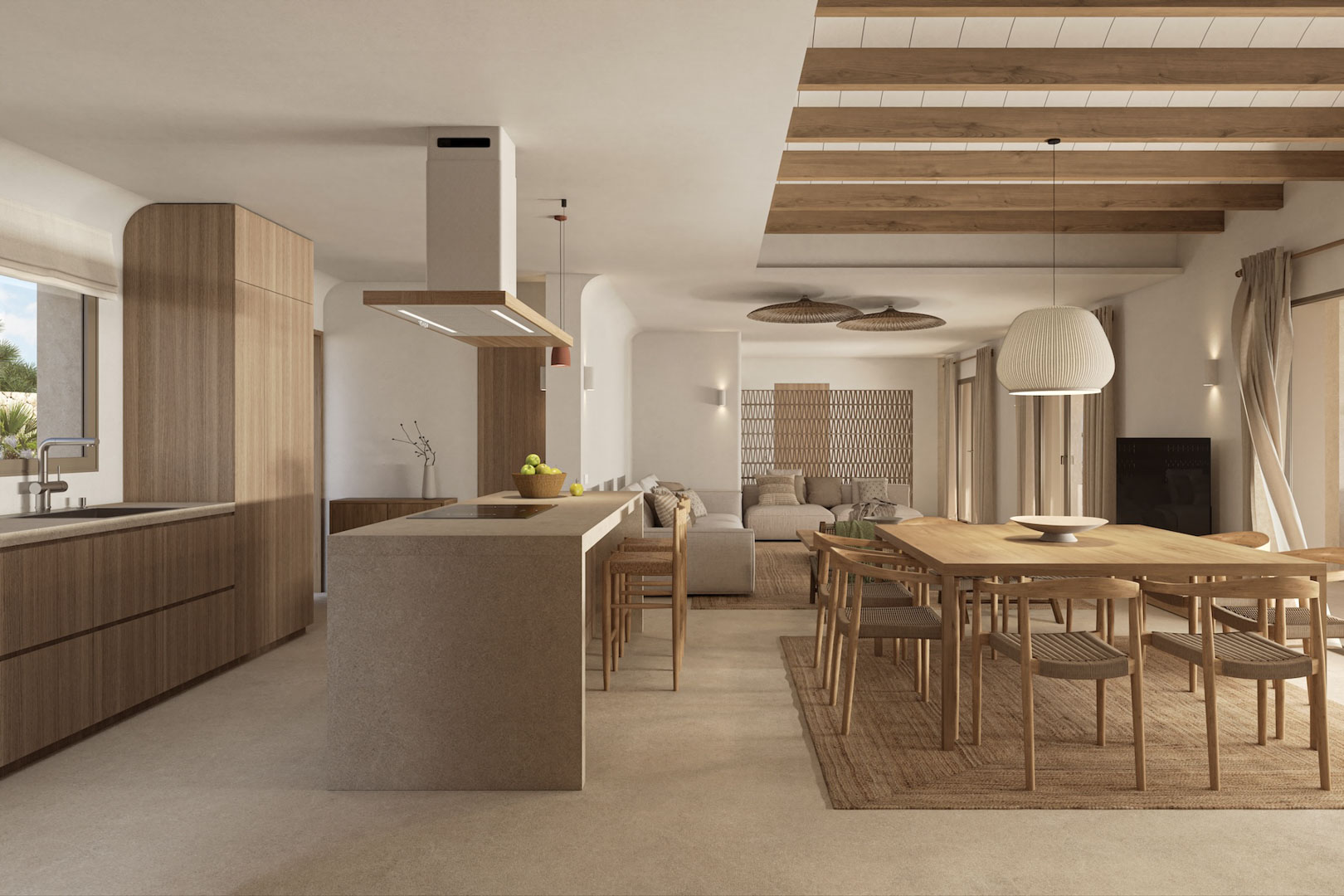 Open-plan living area featuring a stone kitchen island, wooden dining set, and exposed ceiling beams, all designed in a warm, minimalist Mediterranean style.