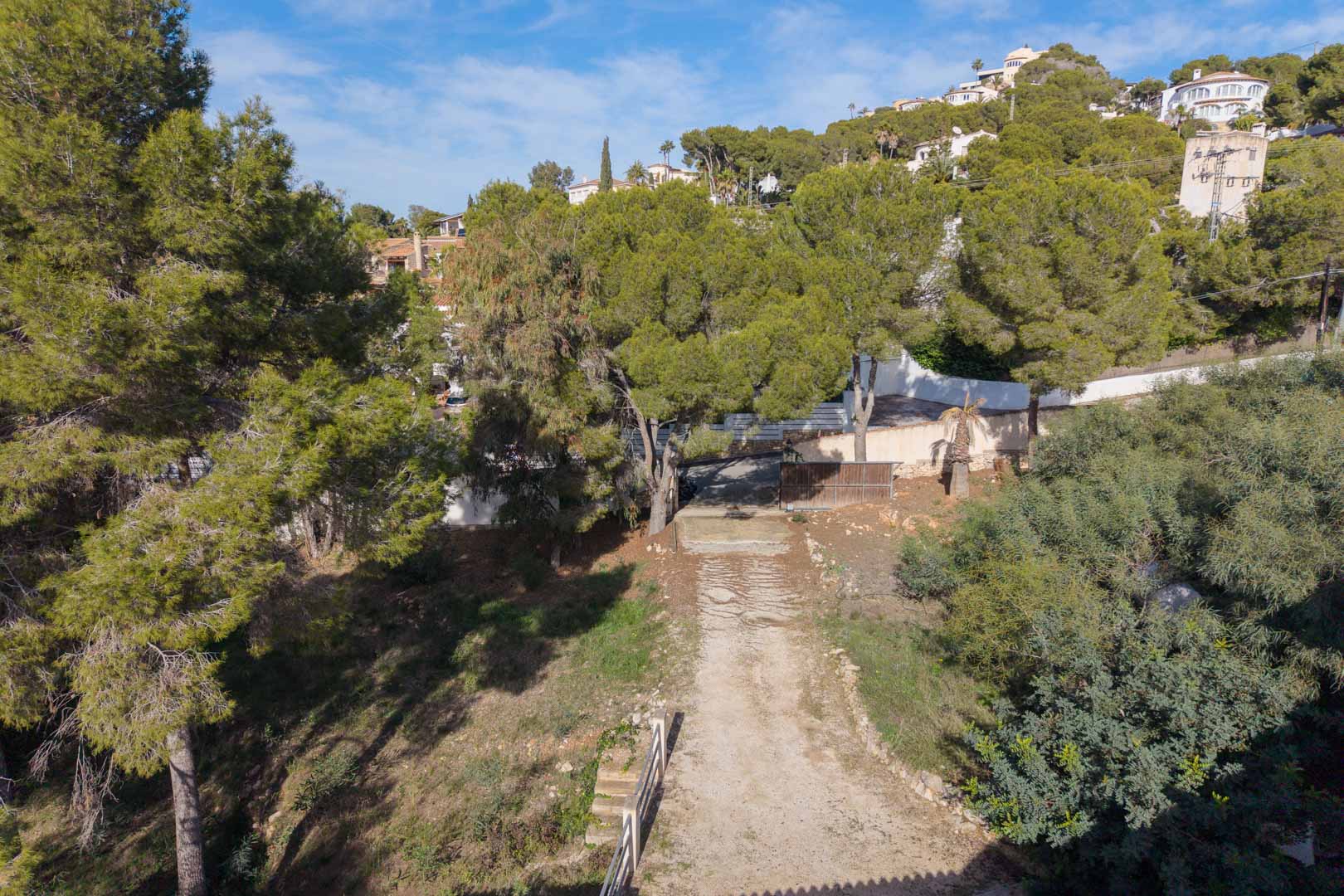 Elevated view of the urban plot featuring a private access path, surrounded by mature pine trees and Mediterranean greenery in a quiet residential area.