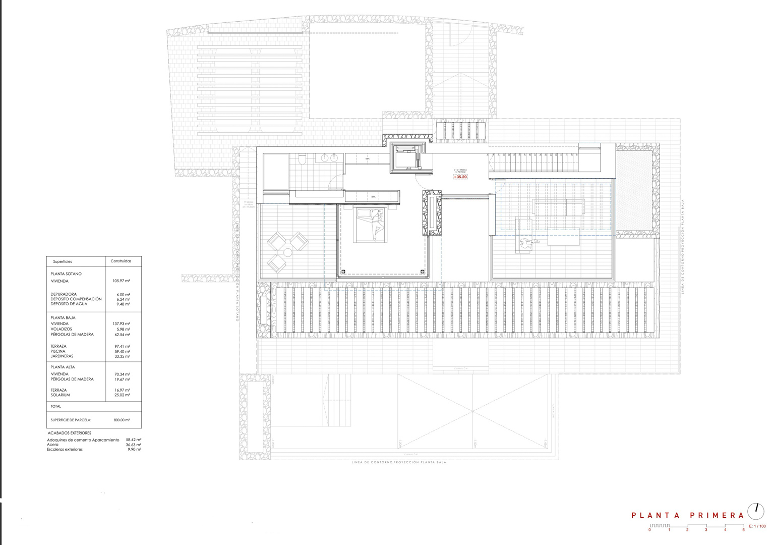 Architectural floor plan of the first level showing the master suite, ensuite bathroom, and a large terrace shaded by a wooden pergola structure.