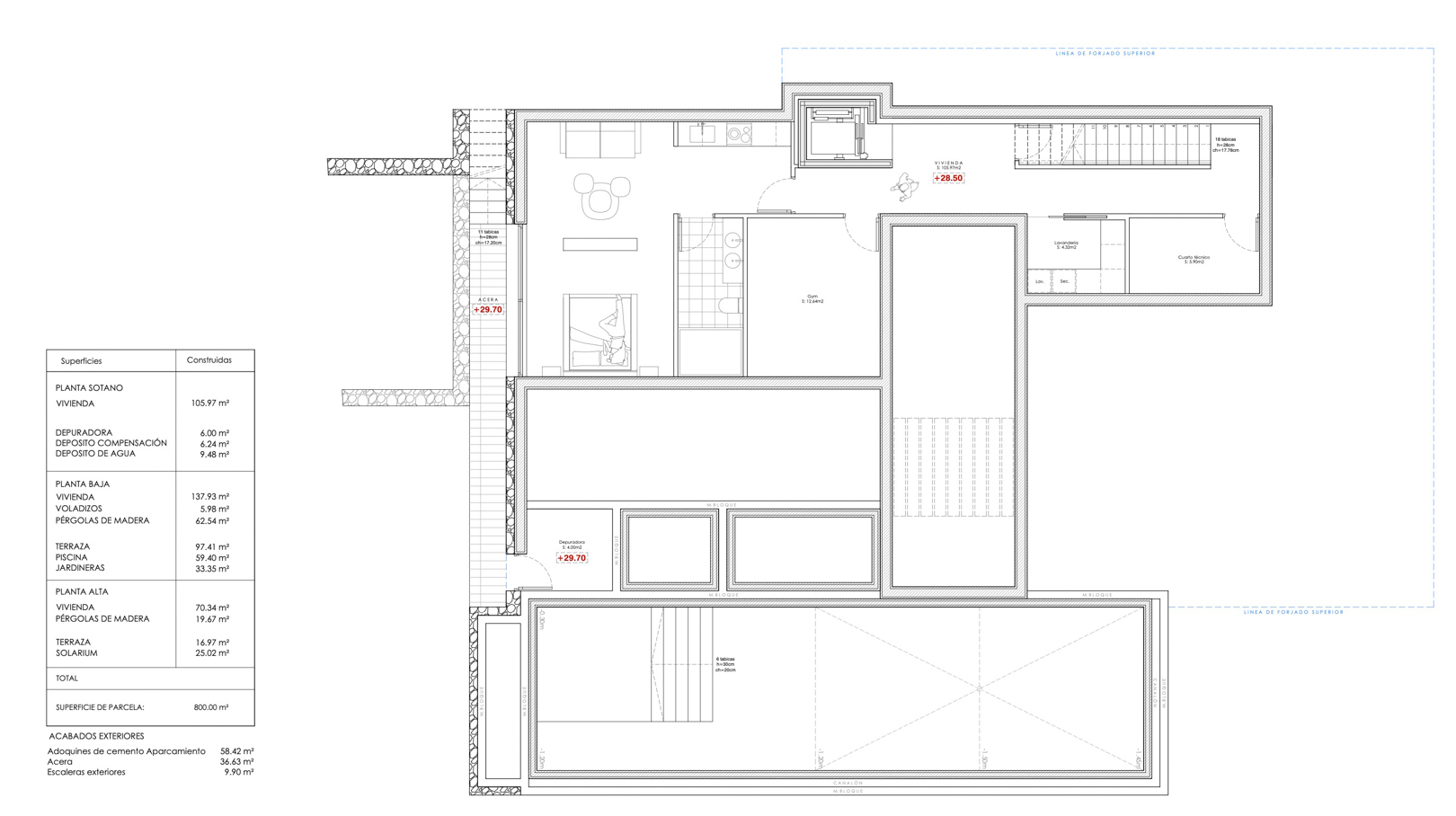 Detailed architectural floor plan of the basement level, featuring a gym, laundry room, technical area, and integrated pool zone with a total area of 105.97 m².