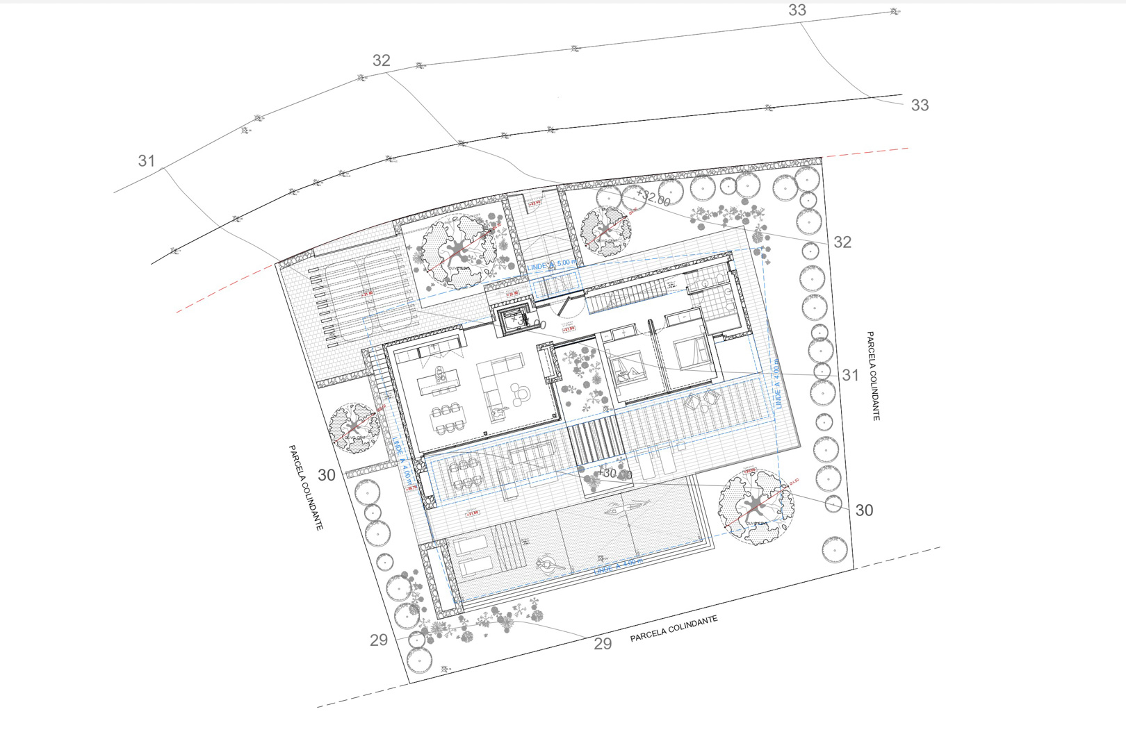 Detailed architectural floor plan showing the interior layout, swimming pool, landscaped gardens, and parking area within the property boundaries.