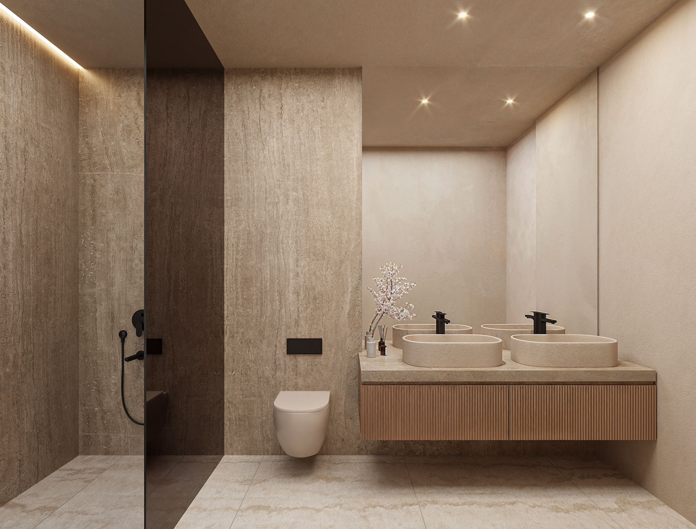 Modern bathroom featuring a double stone vanity with black fixtures, fluted wood cabinetry, and a walk-in shower with a dark glass screen.