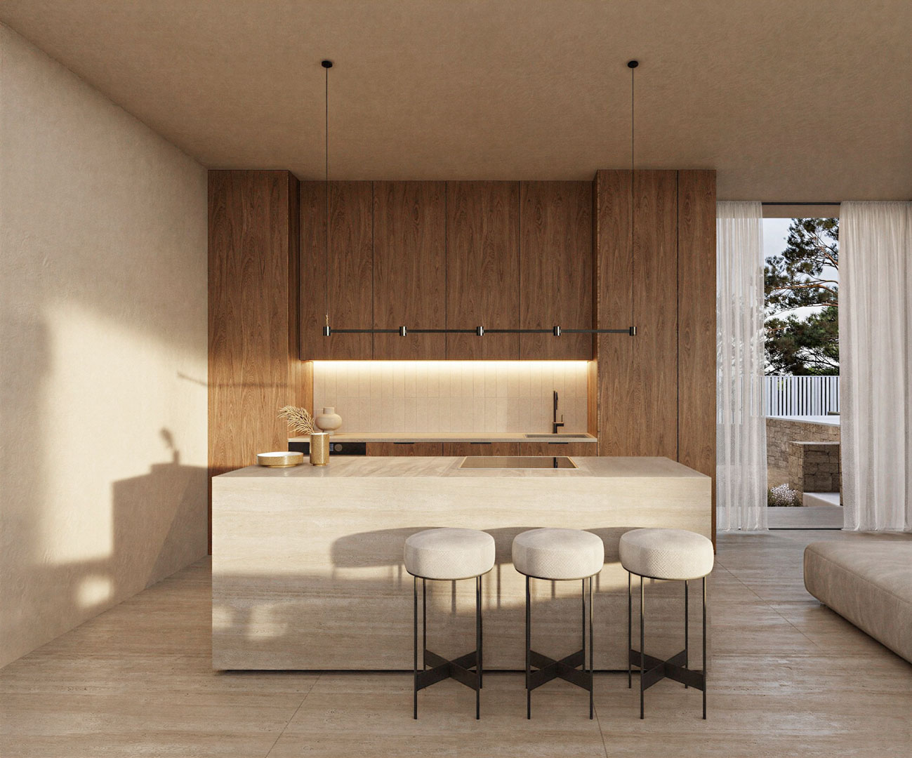 Modern kitchen featuring a travertine stone island with integrated cooktop, walnut cabinetry, and minimalist pendant lighting. Includes three upholstered stools and terrace views.