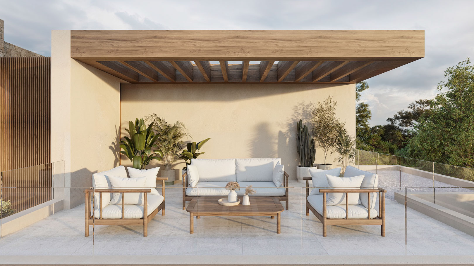 Modern terrace featuring a wooden slat pergola, white cushioned lounge furniture, and glass railings overlooking lush greenery.