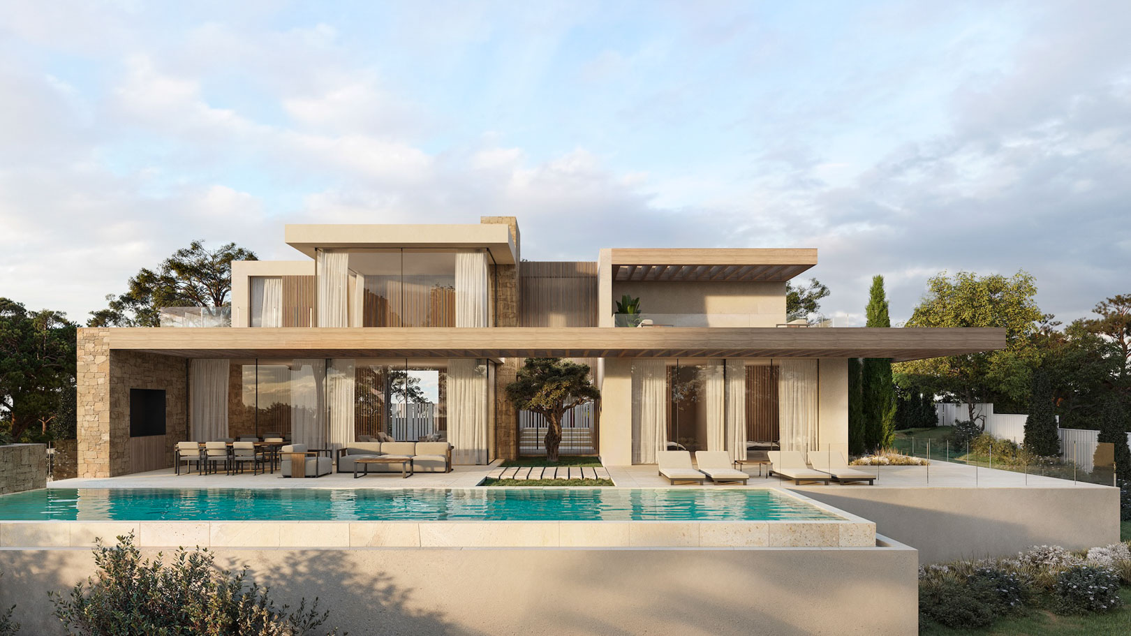 Modern two-story villa featuring a turquoise infinity pool, natural stone walls, and expansive glass facades with wooden overhangs and integrated outdoor living areas.