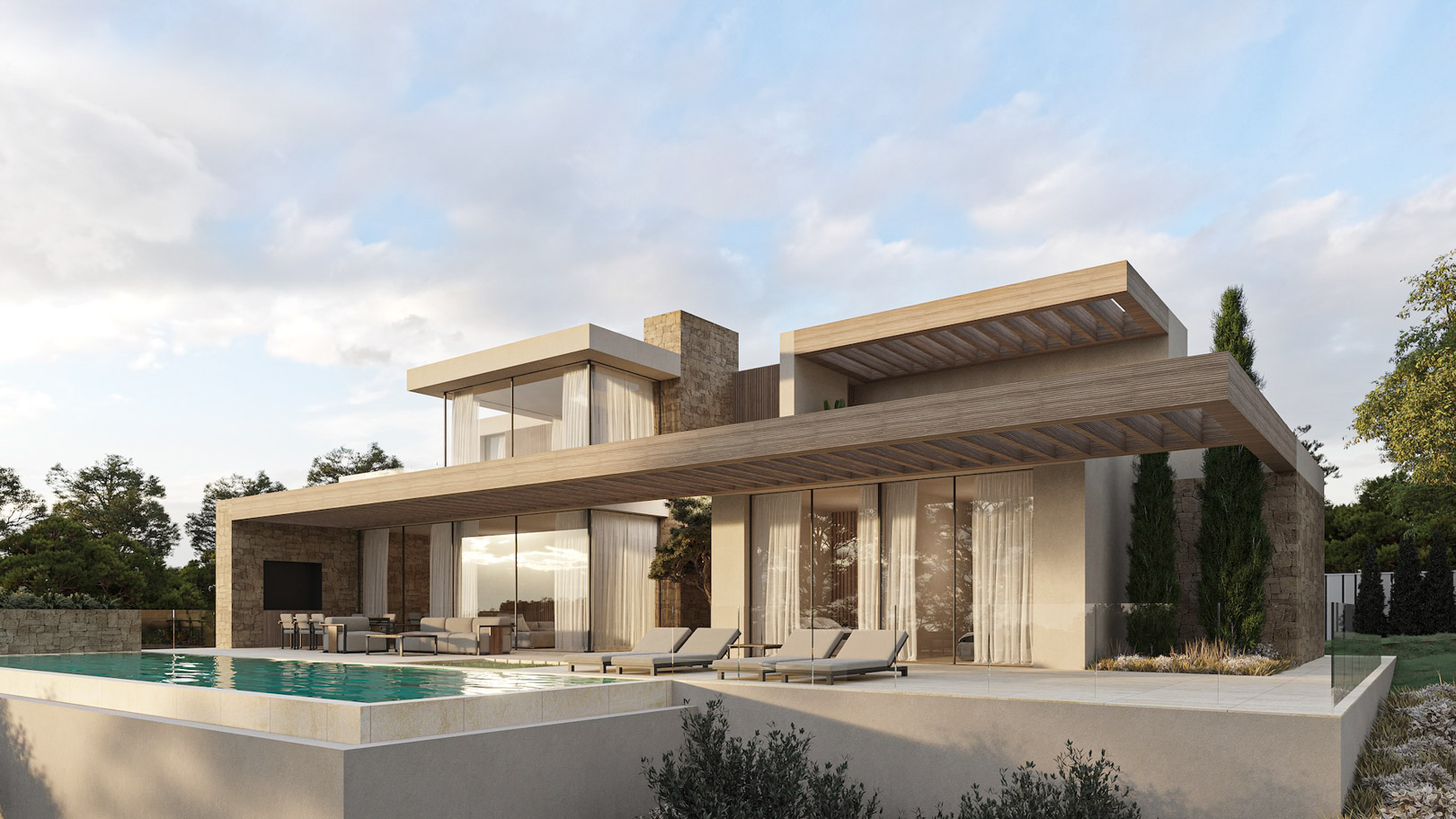 Modern villa exterior featuring an infinity pool, natural stone walls, and expansive wooden pergolas over a terrace with floor-to-ceiling glass windows.