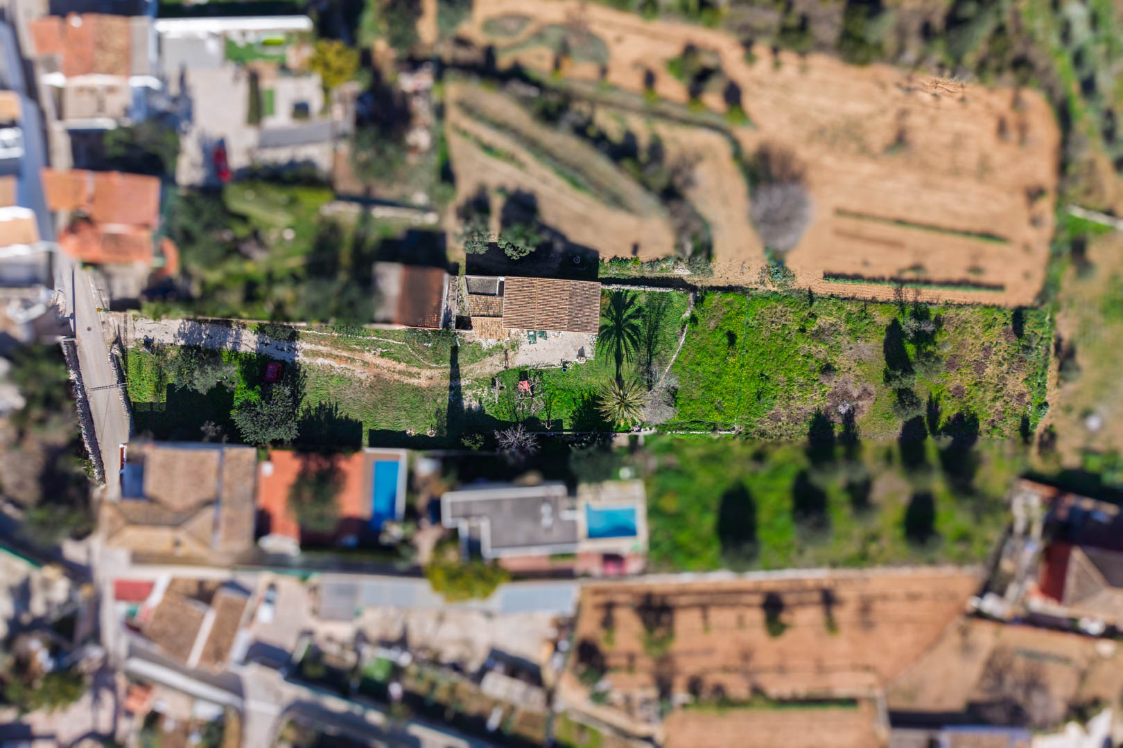 Zenithal aerial view of the property and its rectangular plot, featuring the central house with a tiled roof and garden areas with palm trees.