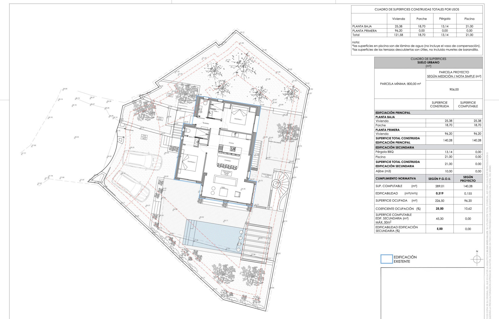 Detailed architectural site plan and first-floor layout, illustrating the interior distribution, swimming pool area, parking, and technical surface area tables.