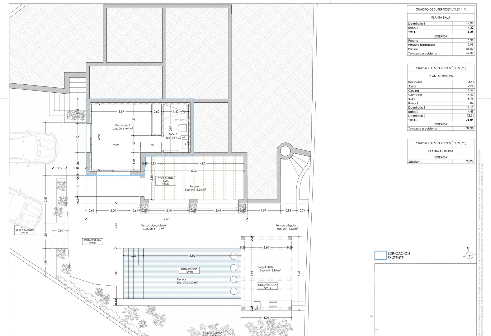 Detailed floor plan of the ground floor level featuring the third bedroom with en-suite, a 21 sqm swimming pool, covered porch, and dedicated BBQ pergola area.