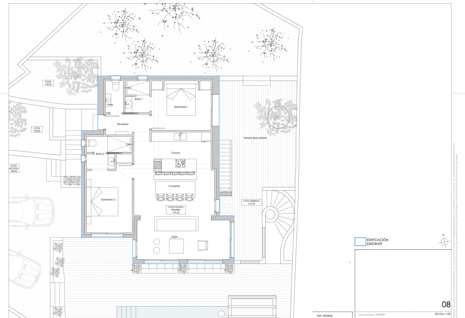 Technical floor plan of the first floor showing the layout of two en-suite bedrooms, open-concept kitchen with island, living area, and expansive terrace.
