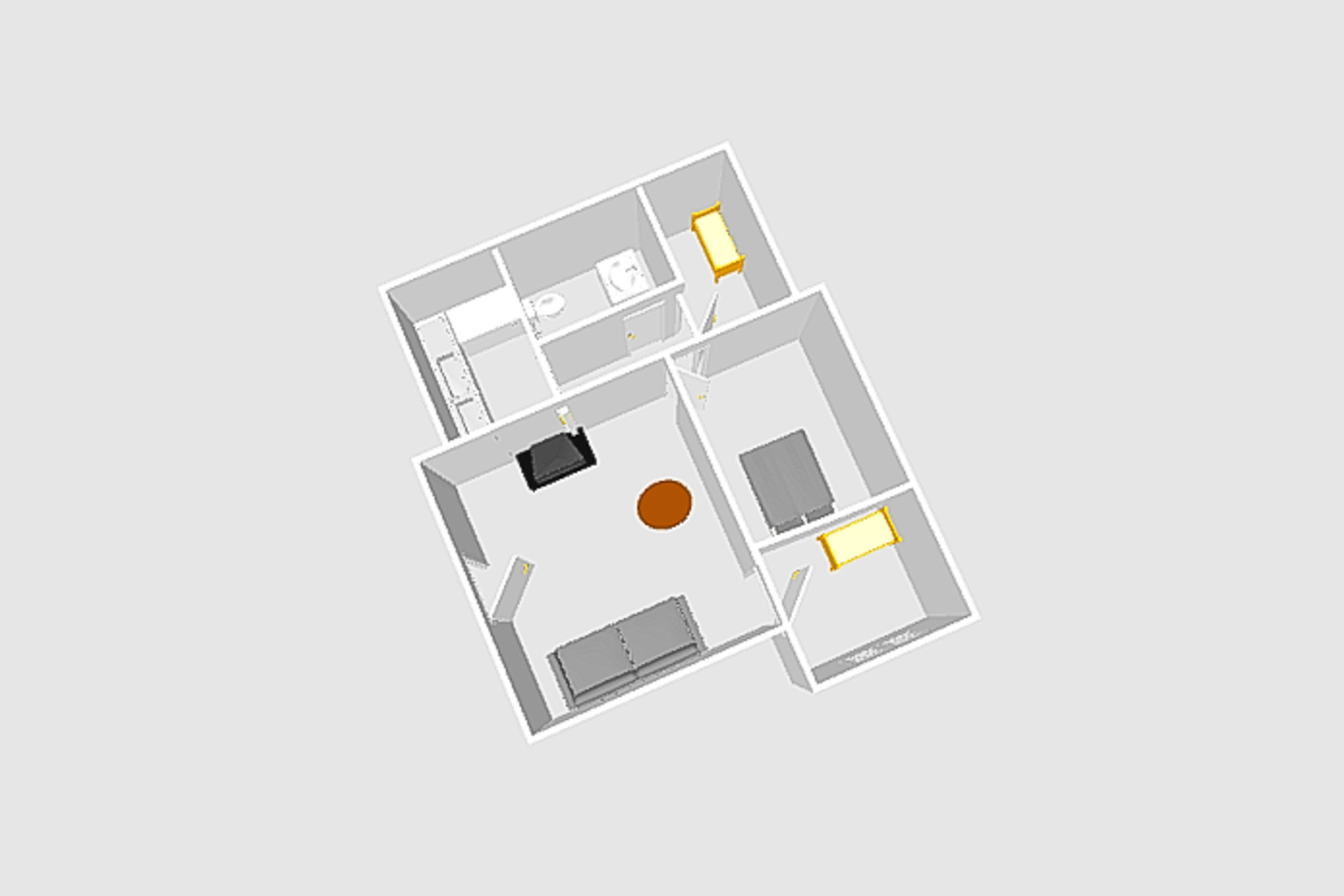 Detailed 3D floor plan illustrating the single-story layout, featuring the living area with a fireplace, independent kitchen, and three bedrooms.