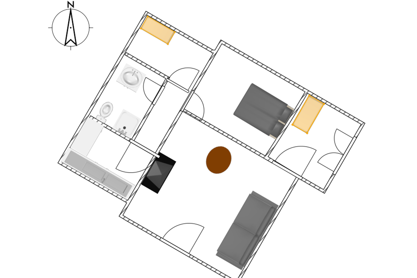 Detailed floor plan illustrating the single-story layout, featuring the central living area, independent kitchen, bathroom, and three bedrooms.