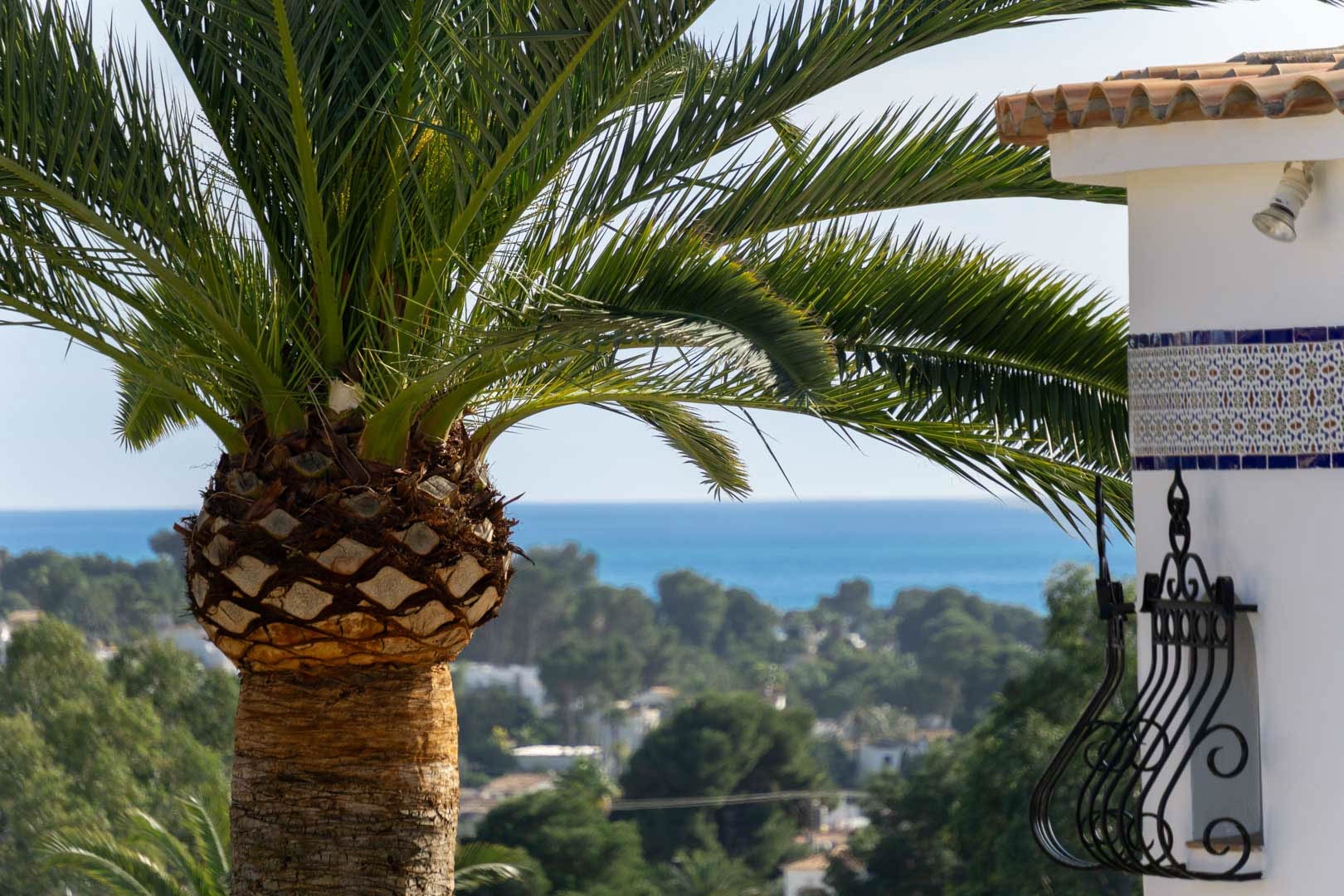 Mediterranean Sea views framed by a palm tree and traditional architectural details, including decorative tiles and wrought ironwork.